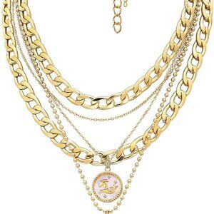 Gold Layered Necklaces for Women Trendy Retro Coin Pendant Necklace Dainty Chunk